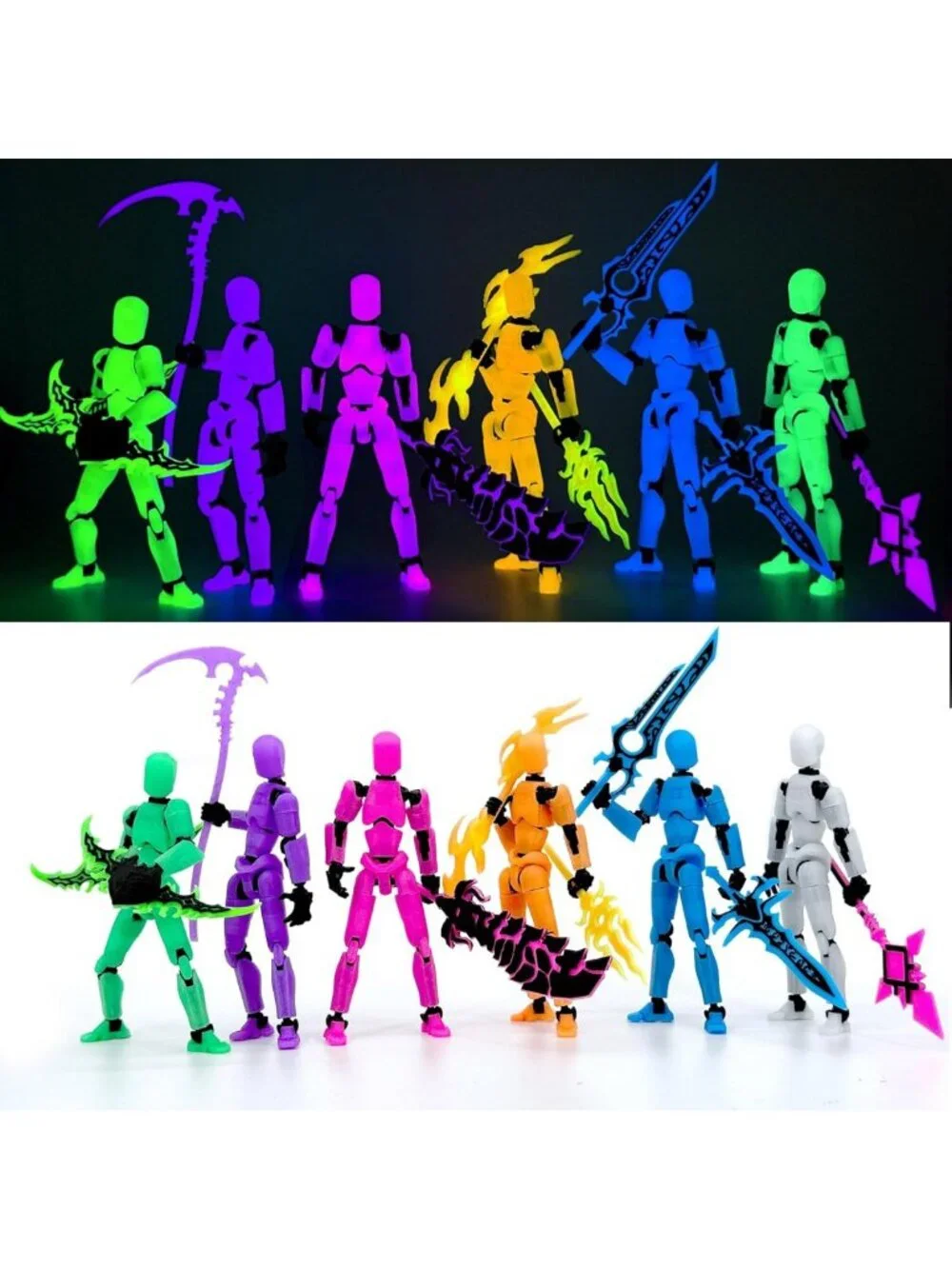 6-Pack Glowing 3D Printed Action Figures Set with Weapons - Colorful